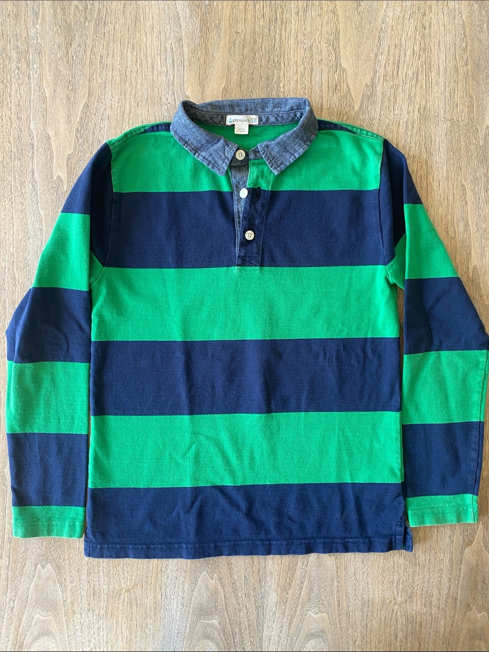 Crewcuts by J. Crew Navy & Green Wide-Striped Rugby Shirt with Chambray Collar
